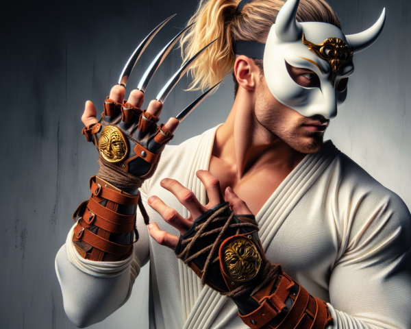 Muscular Figure in White Mask with Martial Arts Outfit