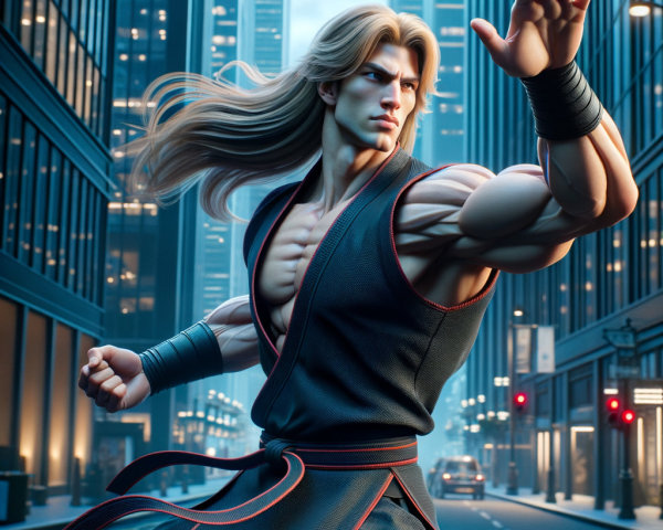 Martial Artist in Action Pose on City Street