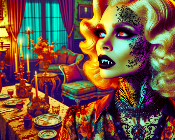 Woman with Dramatic Makeup in Vintage Room Setting