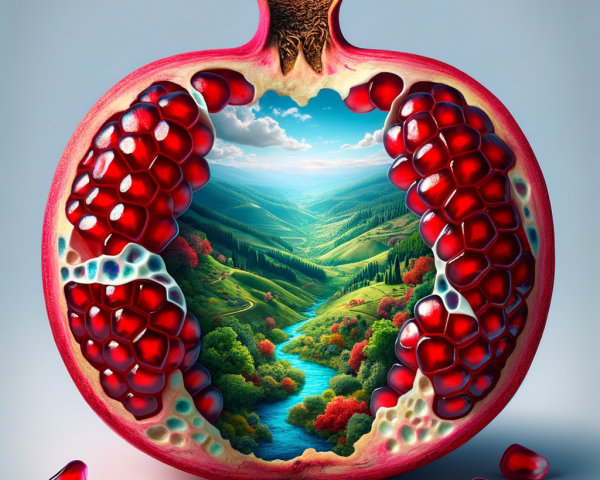 Pomegranate Halved Revealing Tranquil Landscape