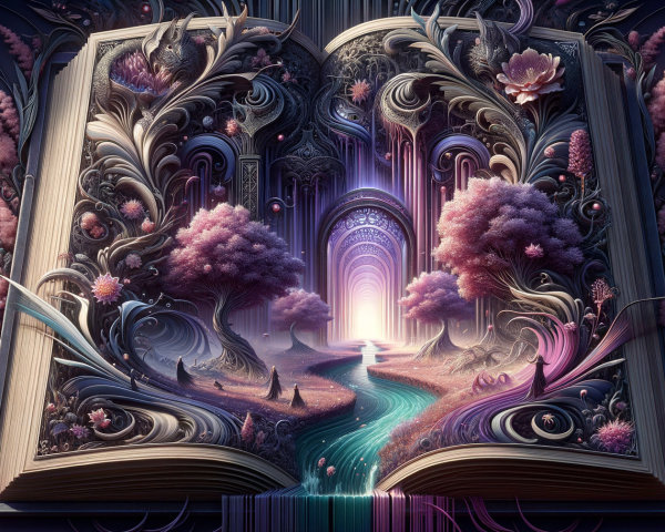Open Book Illustrating a Surreal Landscape Scene