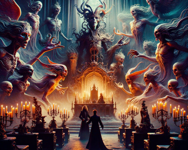 Eerie Chamber with Throne and Spectral Apparitions