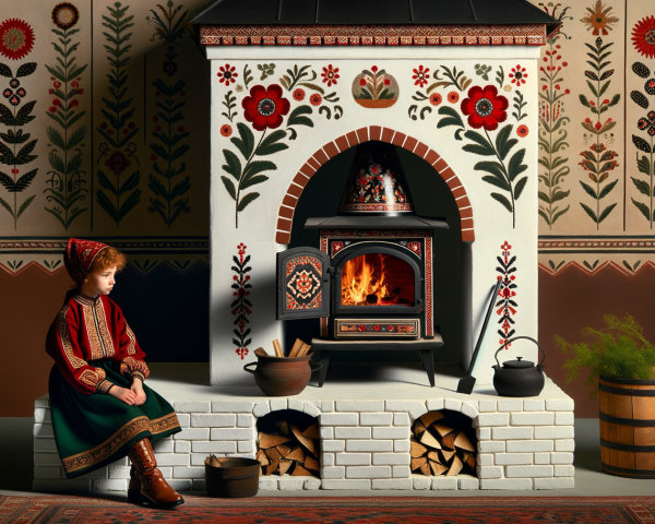 Child in Traditional Clothing by a Decorated Hearth