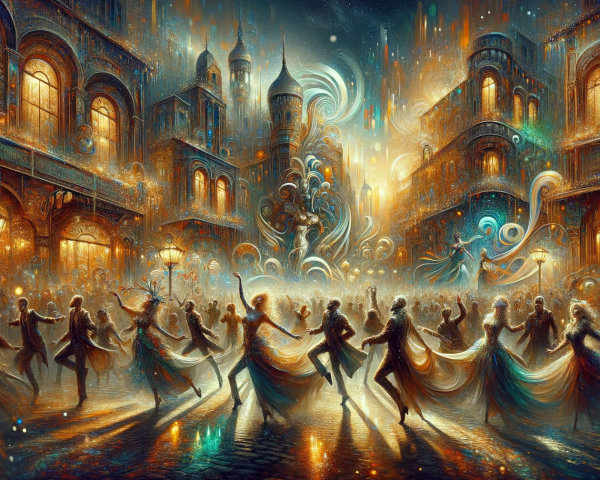 Vibrant Dance Scene in Enchanted Illuminated City