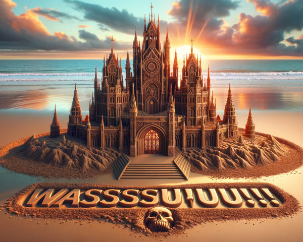 Intricate Sandcastle with Gothic Architecture at Sunset