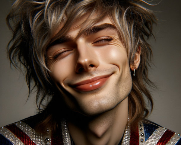 Young man in Union Jack jacket with playful smile