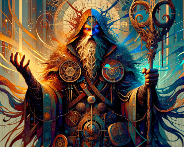 Powerful Wizard in Intricate Robes with Mystical Symbols