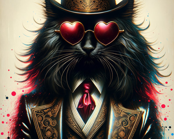 Stylish anthropomorphic cat in ornate suit and top hat