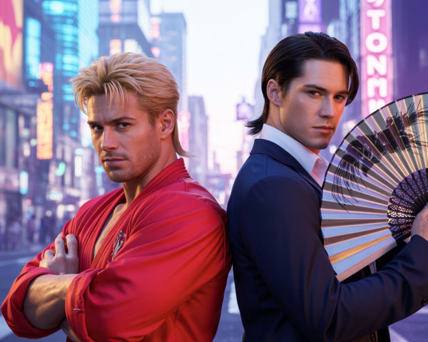 Urban Scene with Two Distinct Characters in Neon Lights