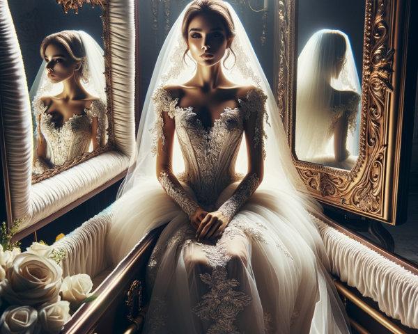 Bride in Lace Gown Surrounded by Mirrors and Roses