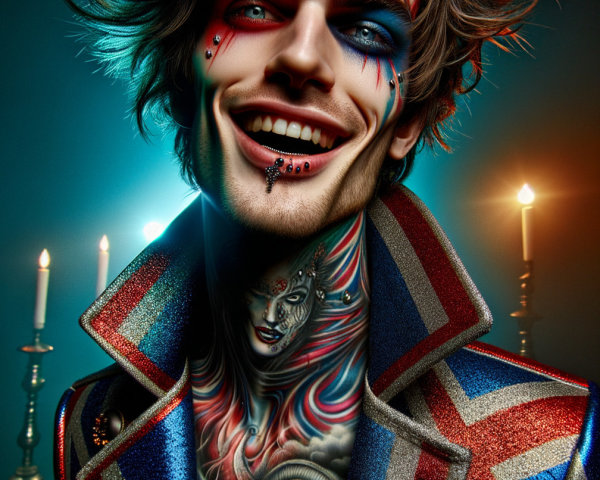 Portrait of a man with vibrant face paint and tattoos