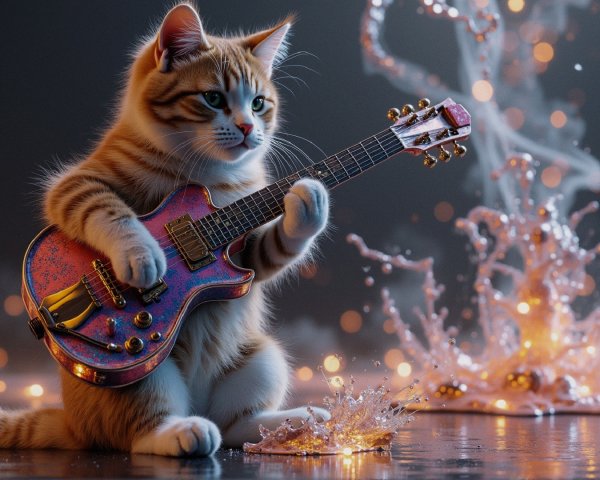 Fluffy Orange Tabby Cat Playing Electric Guitar