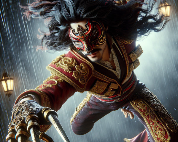 Dramatic Figure in Red and Gold Costume in Rain