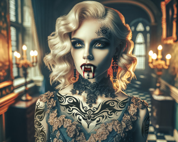 Striking figure in opulent room with bold tattoos