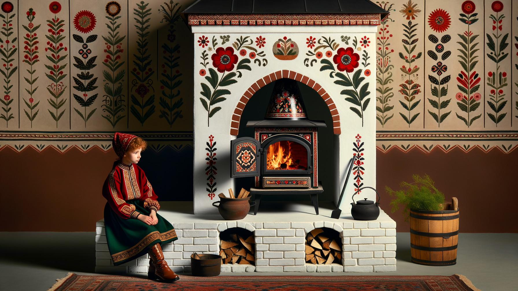 Child in Traditional Clothing by a Decorated Hearth