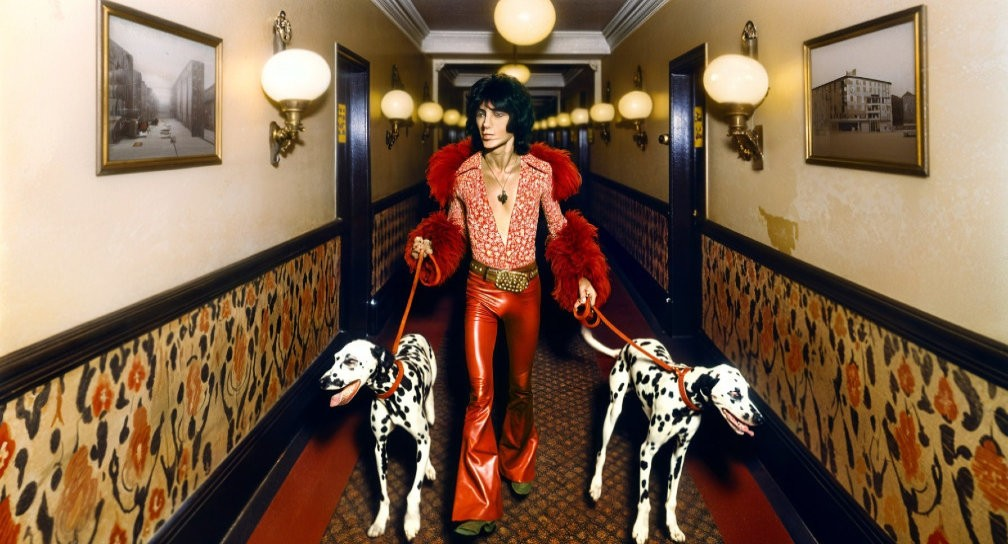 Bold Figure in Red with Dalmatians in Vintage Hallway
