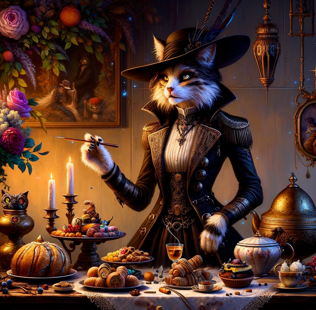 Victorian Cat in Elegant Attire at Dessert Table