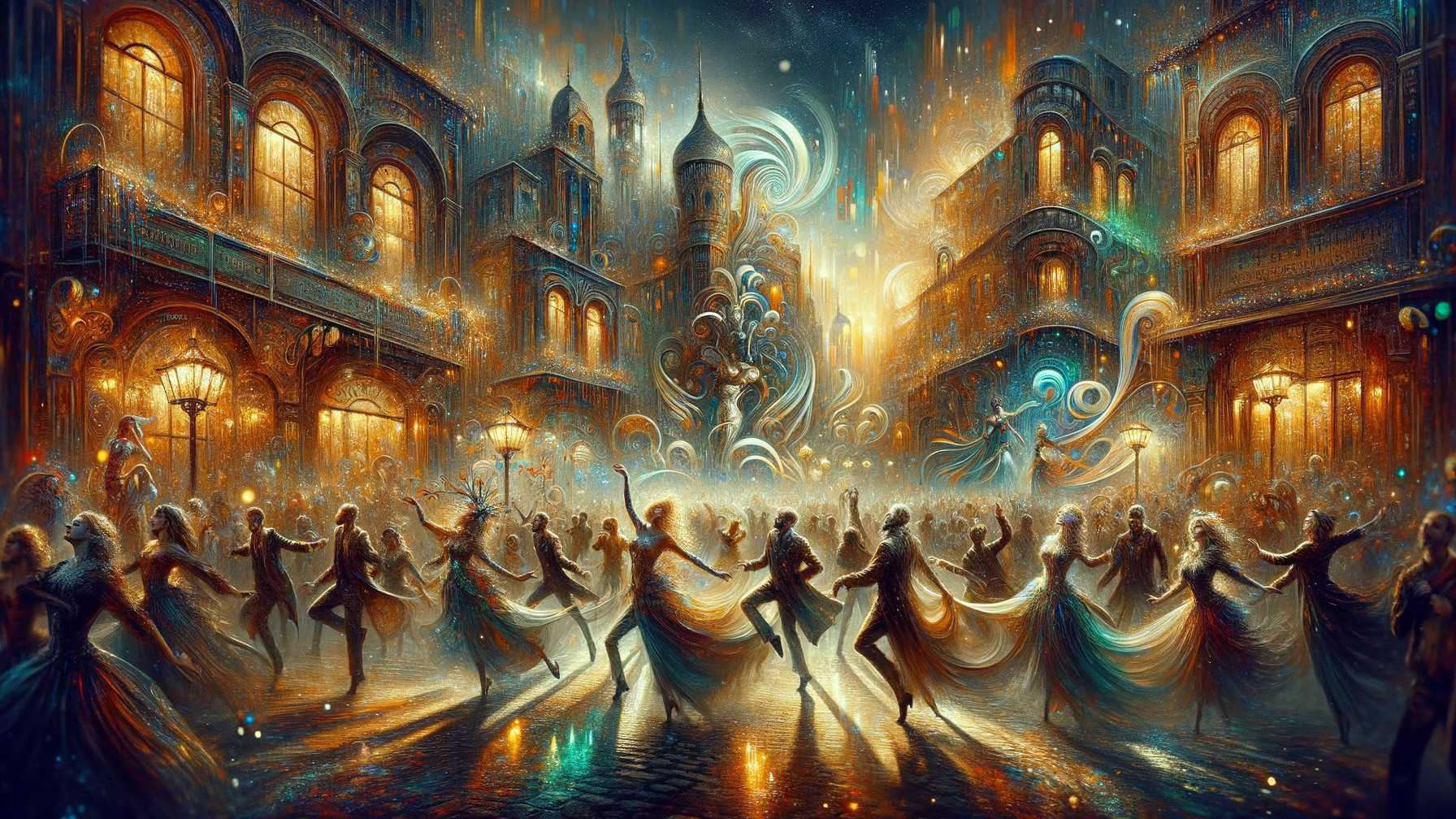 Vibrant Dance Scene in Enchanted Illuminated City