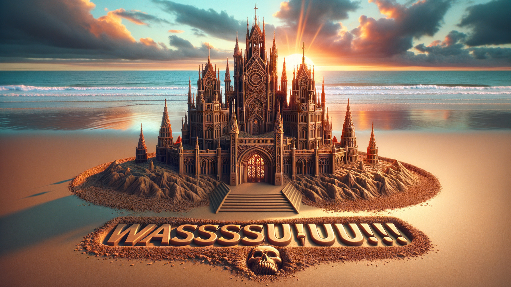 Intricate Sandcastle with Gothic Architecture at Sunset