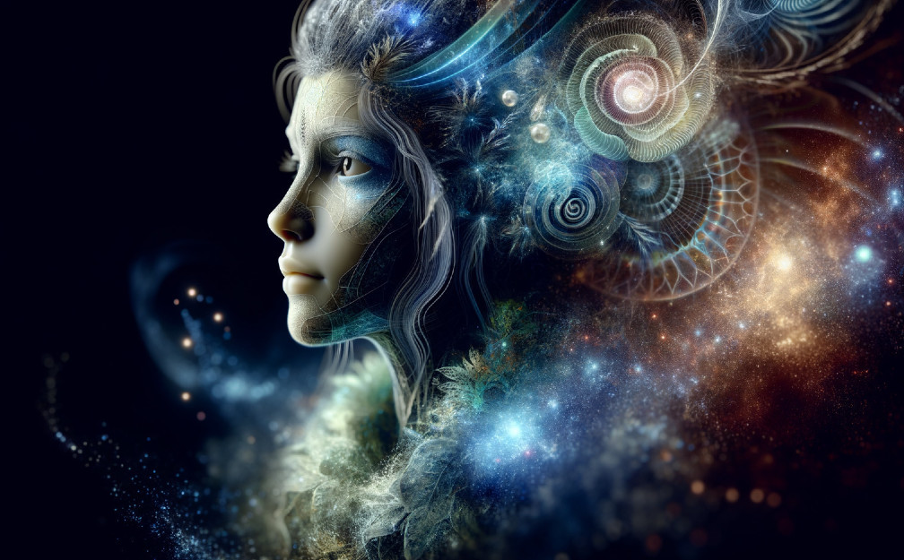 Ethereal Figure Surrounded by Cosmic Patterns and Colors