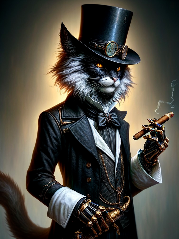 Elegant Feline in Steampunk Attire with Top Hat