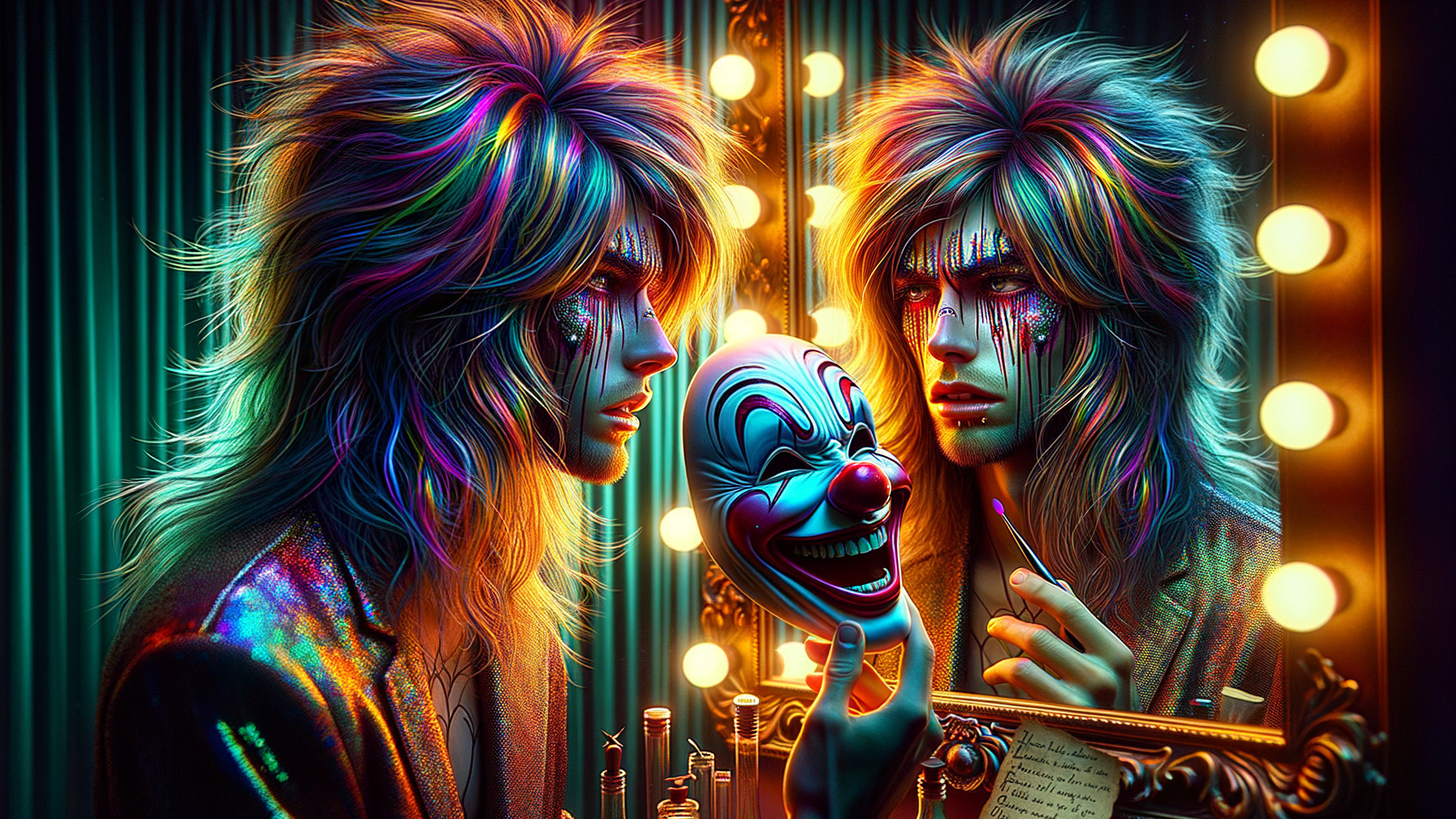 Androgynous Figure with Clown Mask in Vintage Mirror