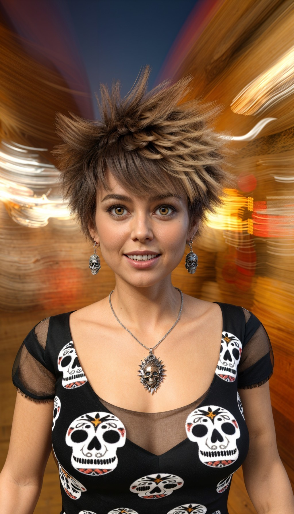 Woman in black dress with colorful skull patterns