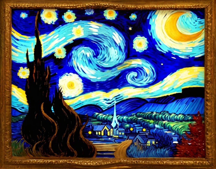 Swirling Night Sky with Stars and Luminous Moon