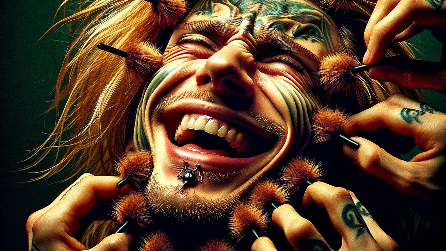 Person with facial tattoos and wild hair laughing joyfully