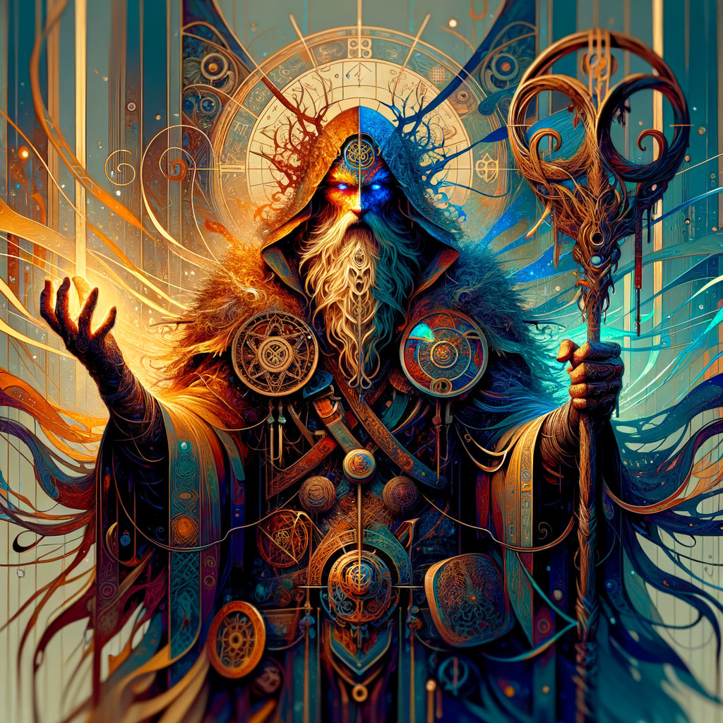 Powerful Wizard in Intricate Robes with Mystical Symbols