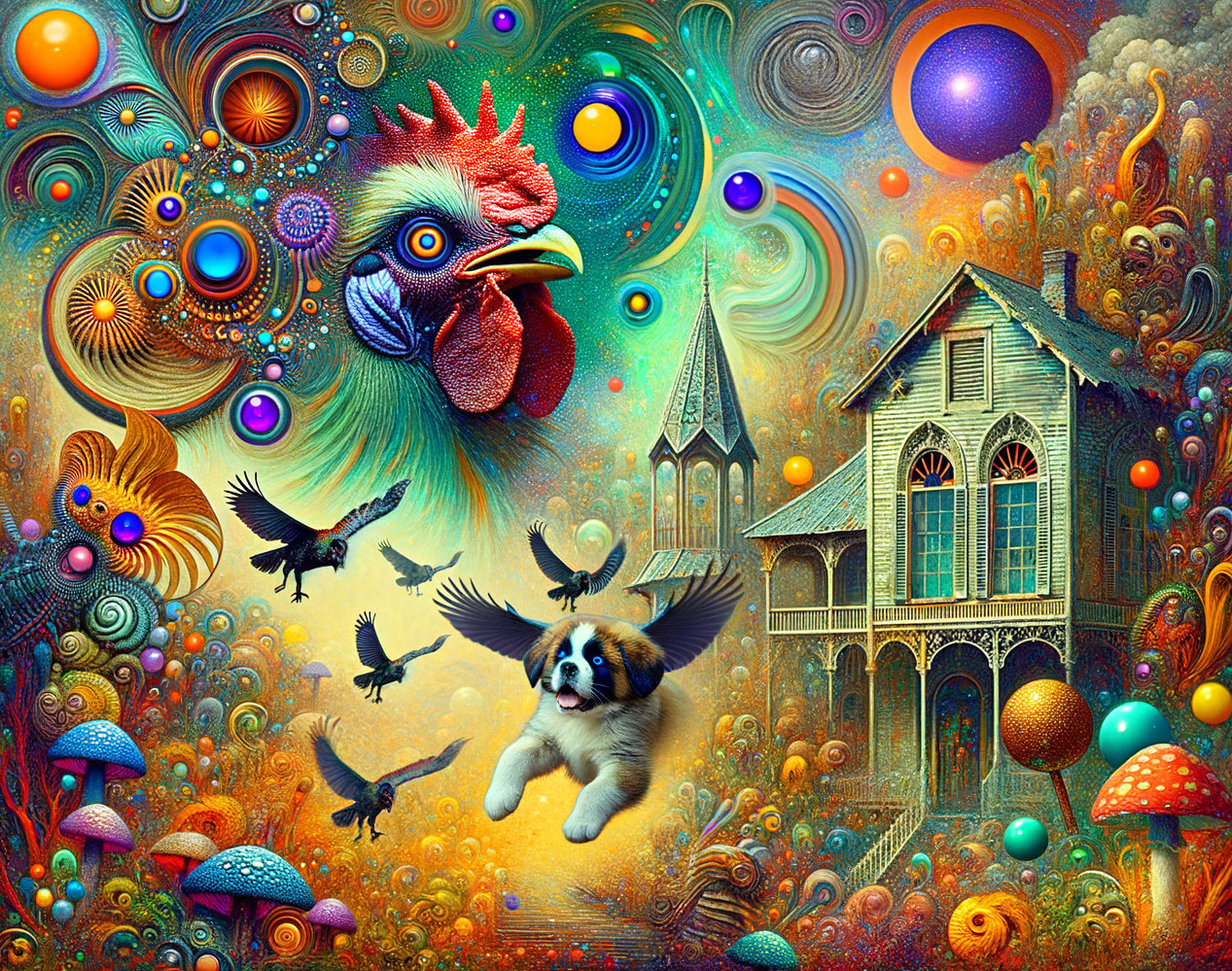 Colorful Rooster Head Over Quaint House in Dreamlike Scene