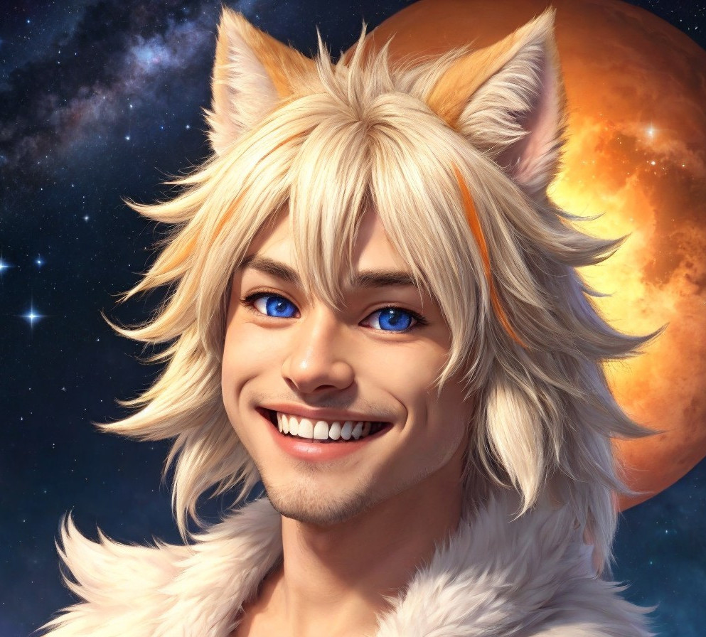 Smiling Person with Fox Ears in Cosmic Setting