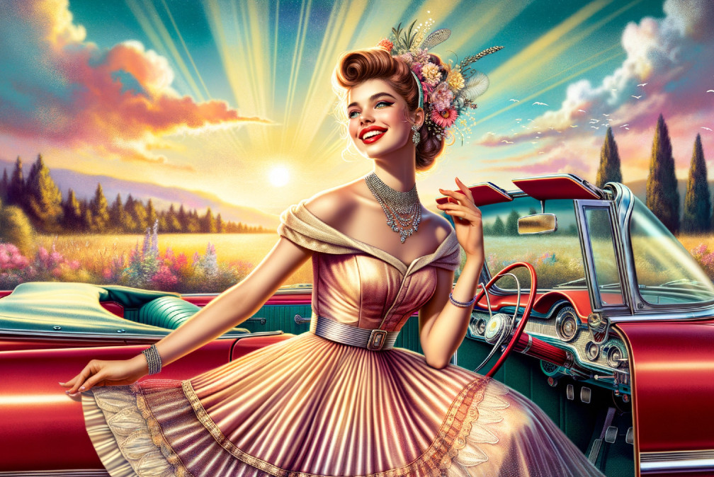 Glamorous Woman in Vintage Dress by Classic Convertible