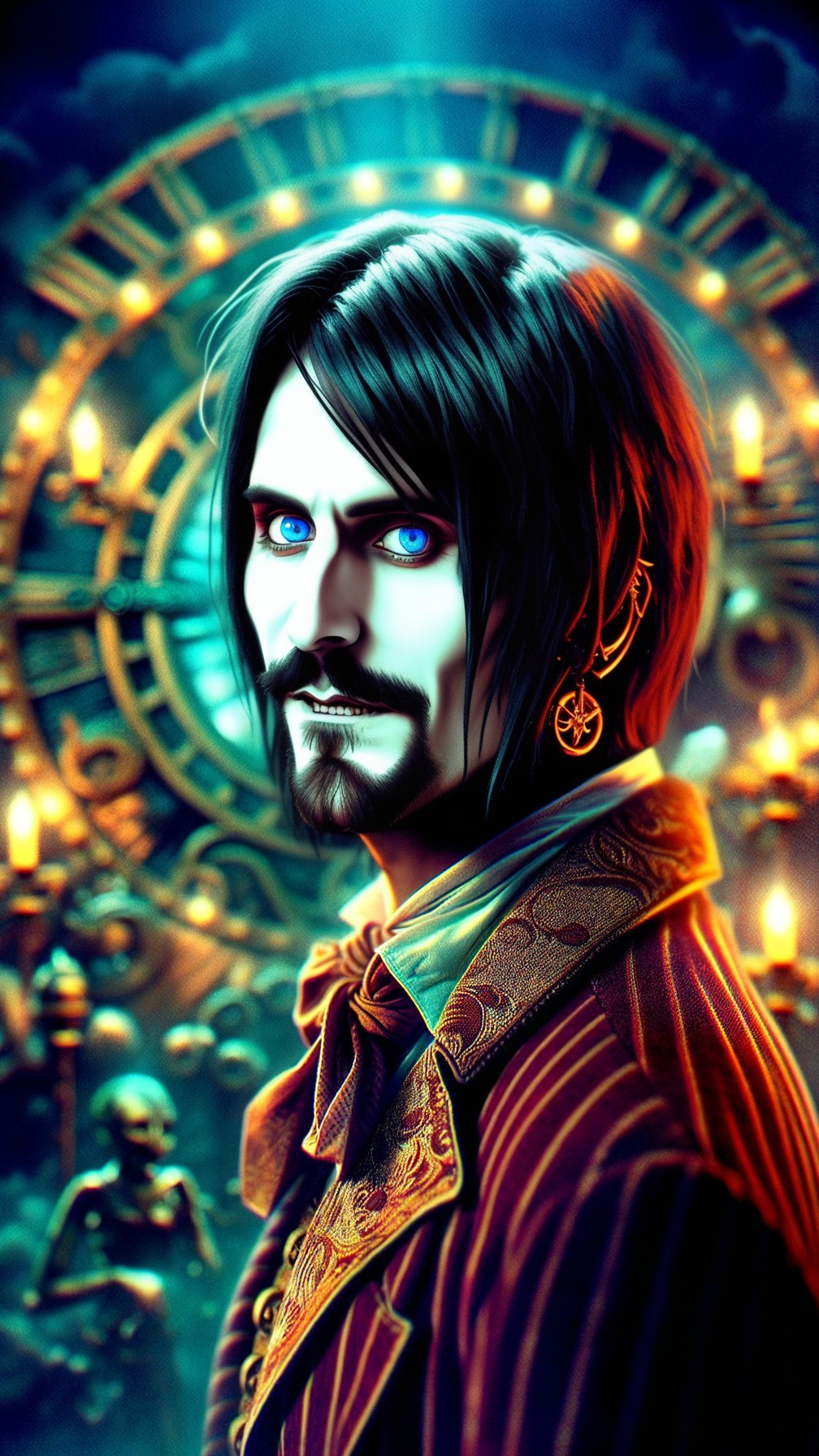 Mysterious Figure with Blue Eyes and Gothic Elements