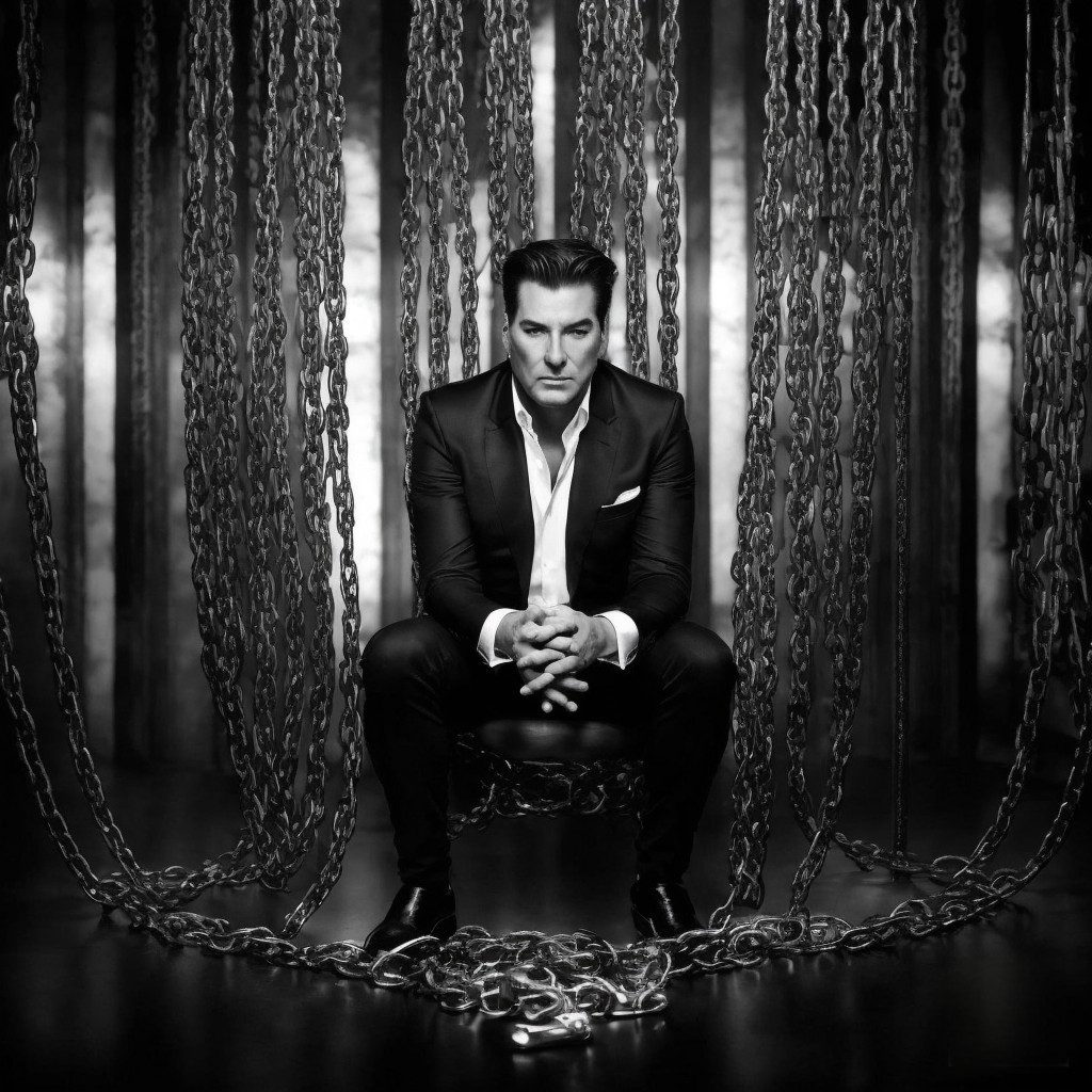 Black-and-white portrait of a man with chains backdrop