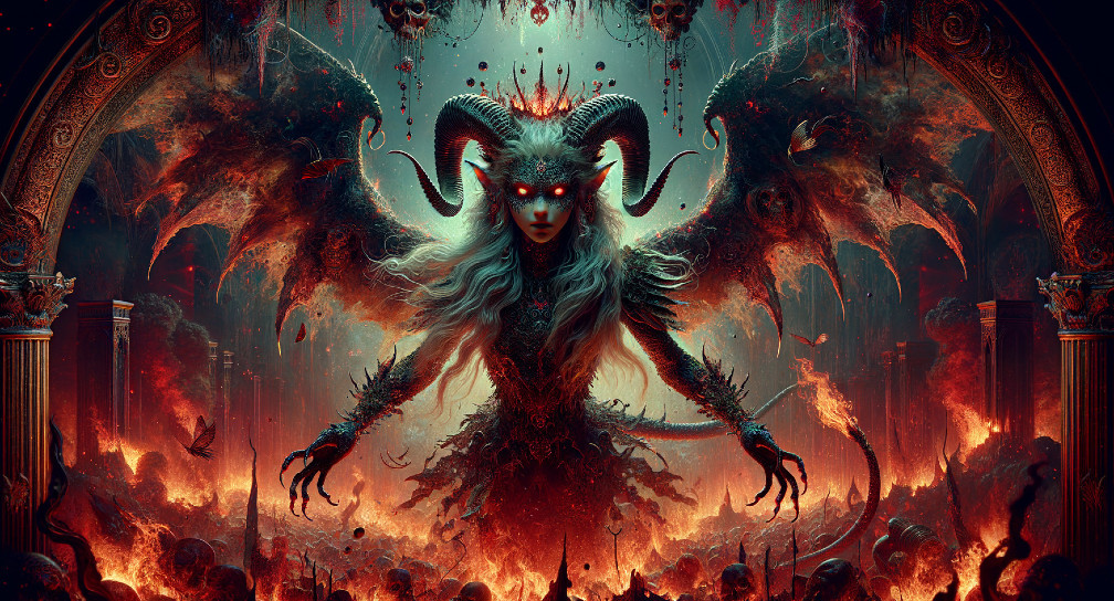 Celestial Figure in Dark Armor Amidst Flames and Chaos