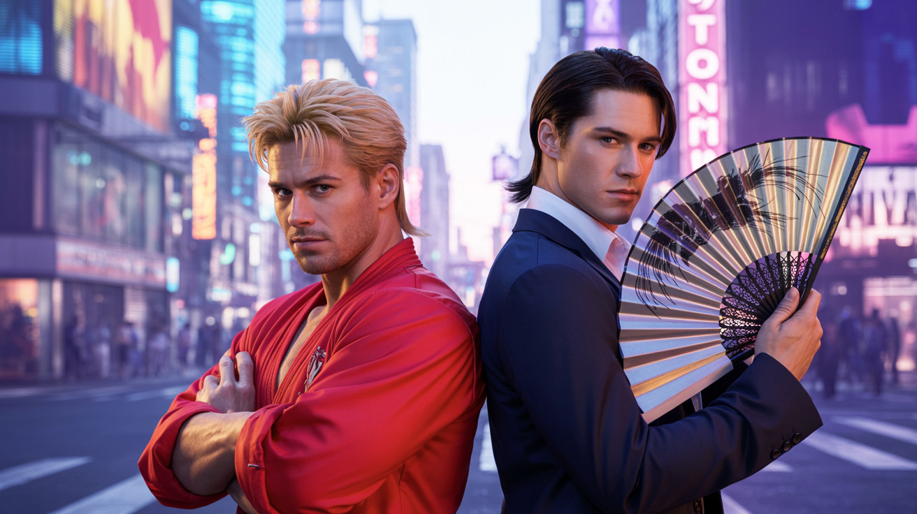 Urban Scene with Two Distinct Characters in Neon Lights