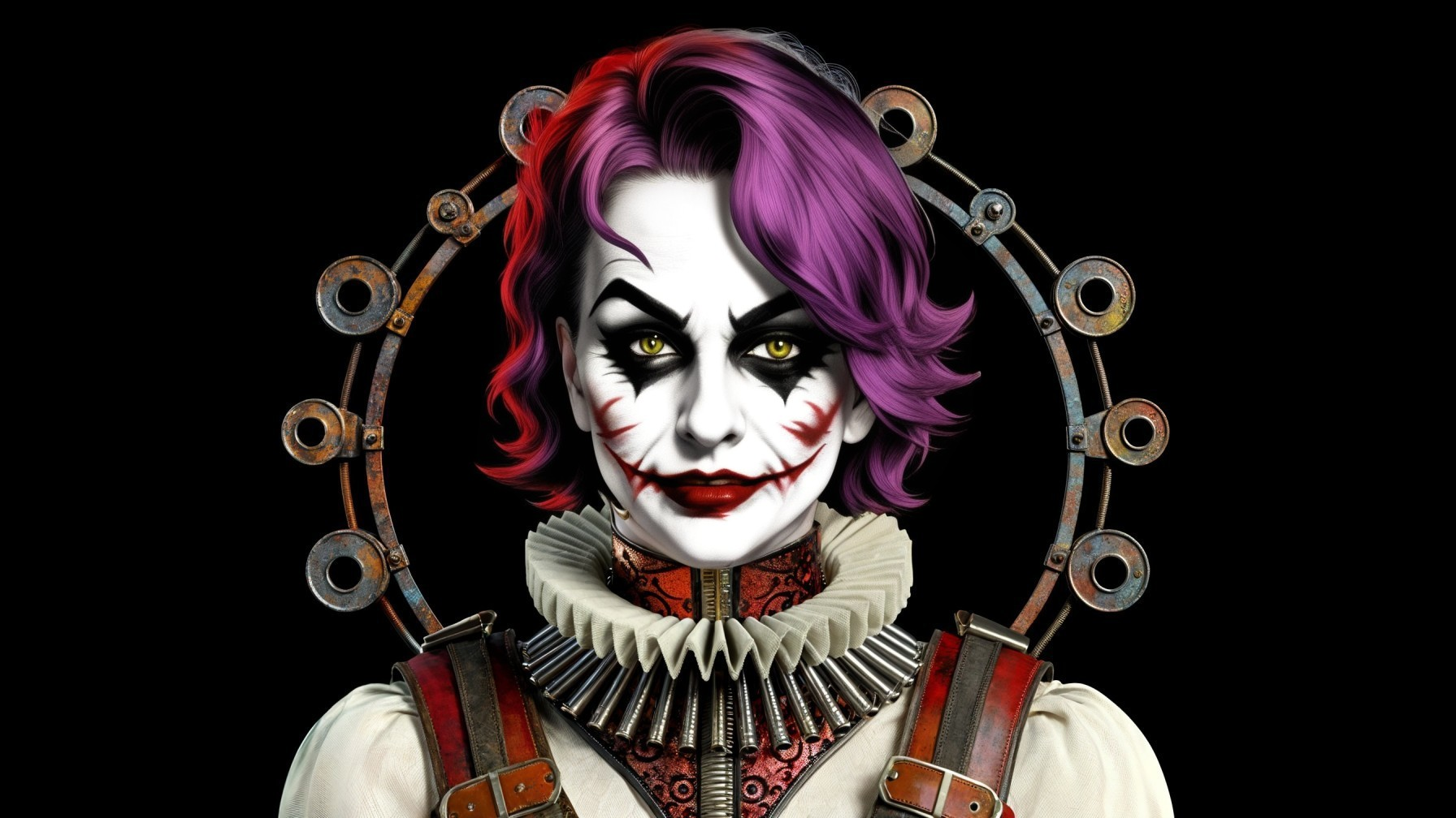 Character with Purple and Black Hair and Clown Makeup