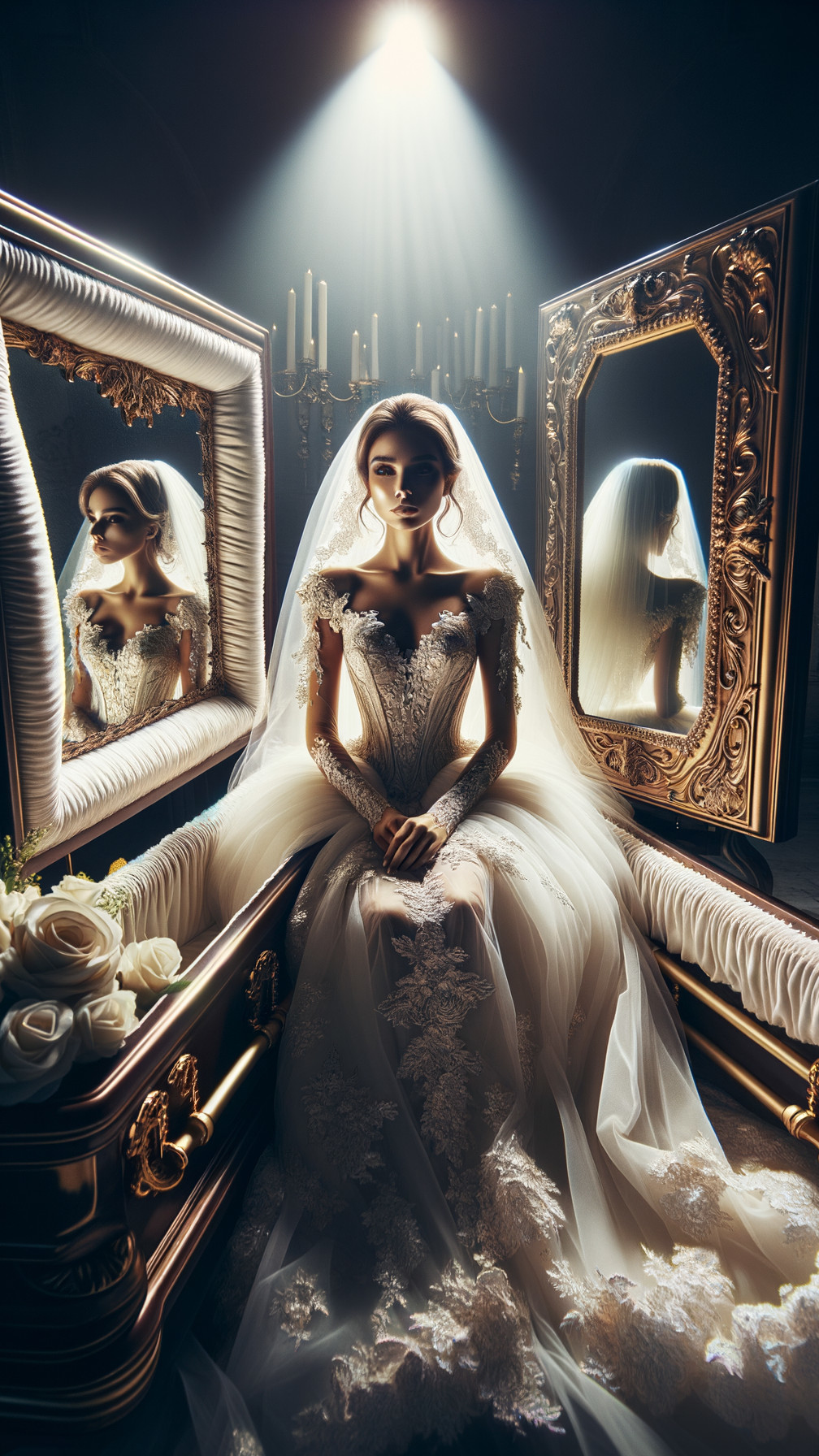 Bride in Lace Gown Surrounded by Mirrors and Roses