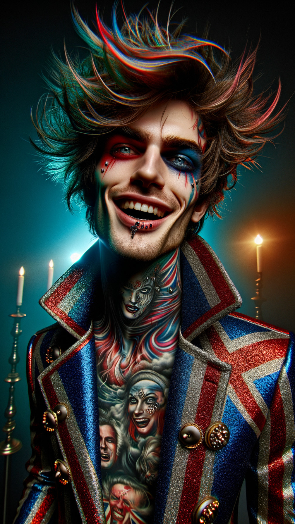 Portrait of a man with vibrant face paint and tattoos