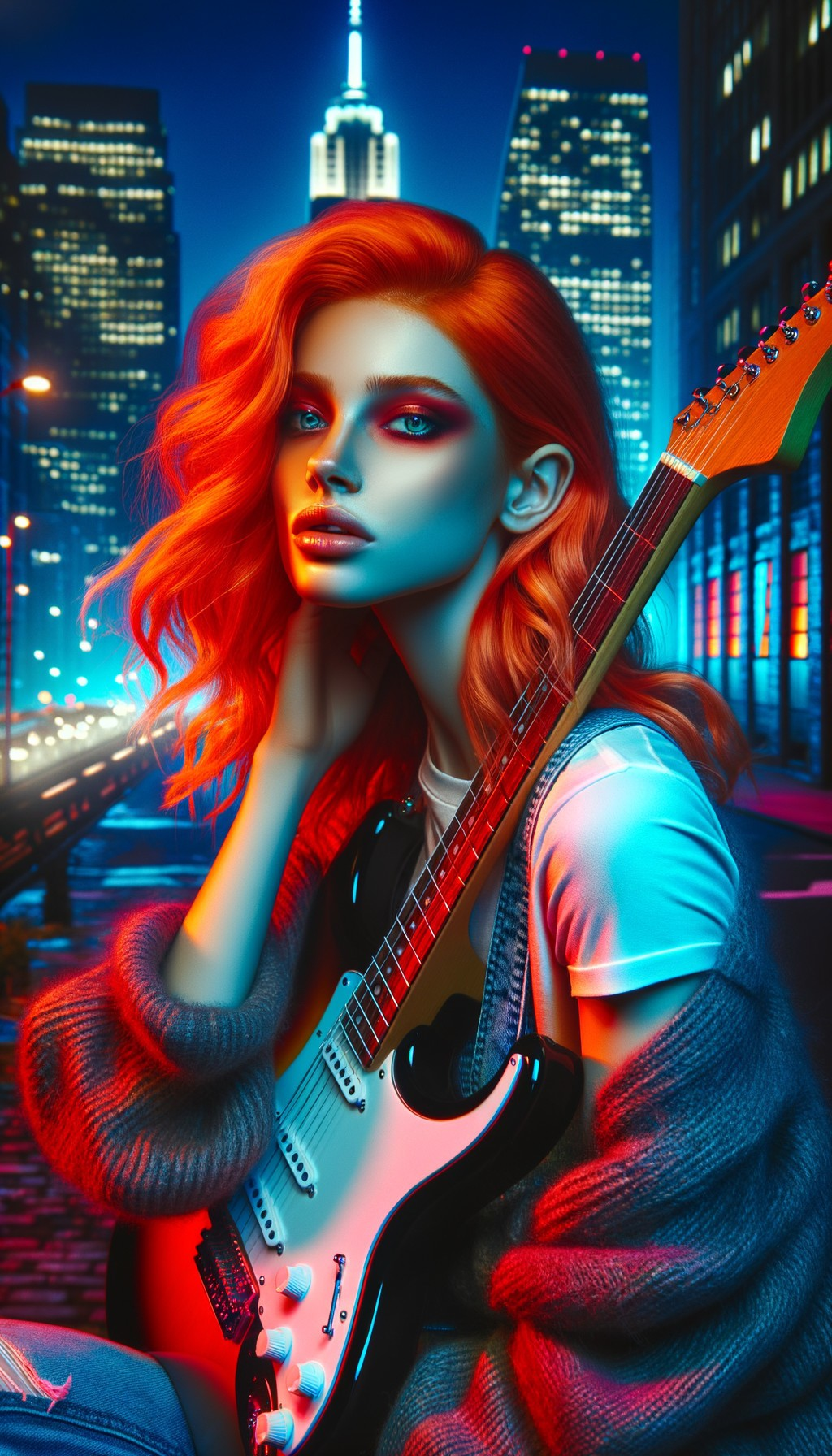 Vibrant Orange-Haired Figure in Urban Night Scene