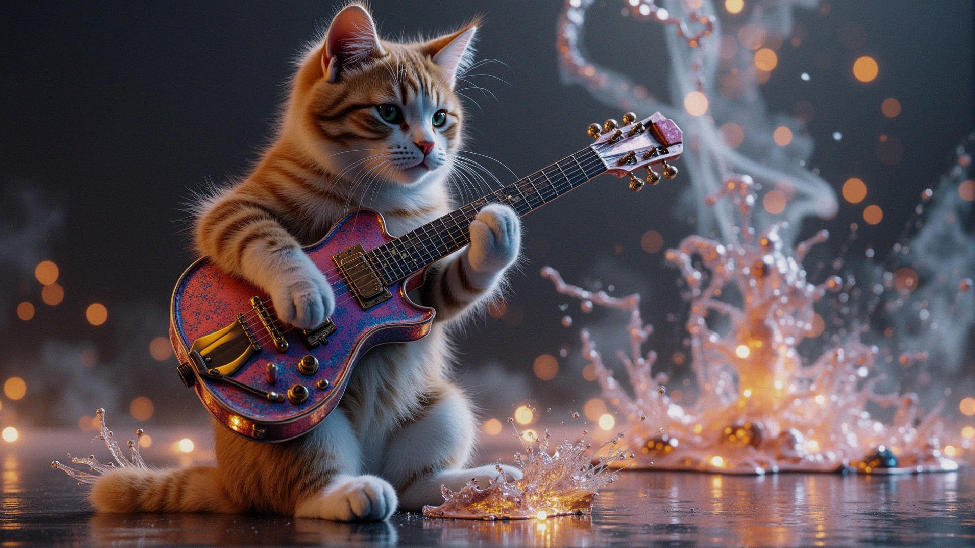 Fluffy Orange Tabby Cat Playing Electric Guitar