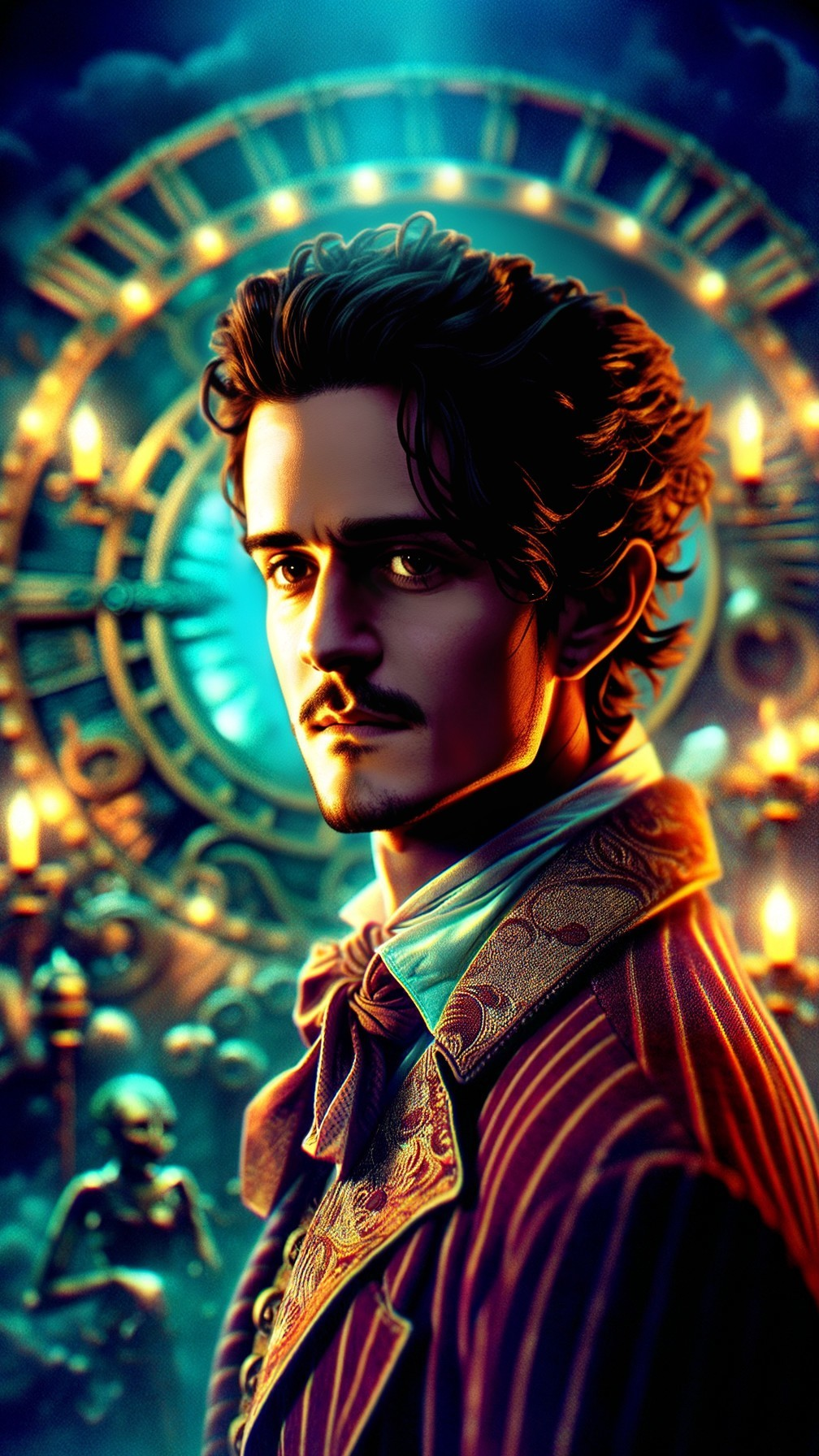 Young man in stylish coat with mystical clock backdrop