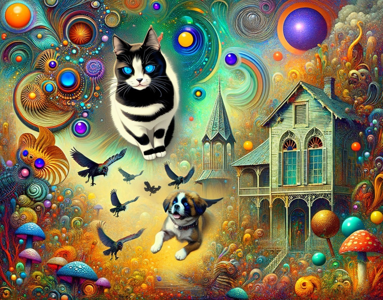 Whimsical Cat and Playful Puppy in Colorful Landscape