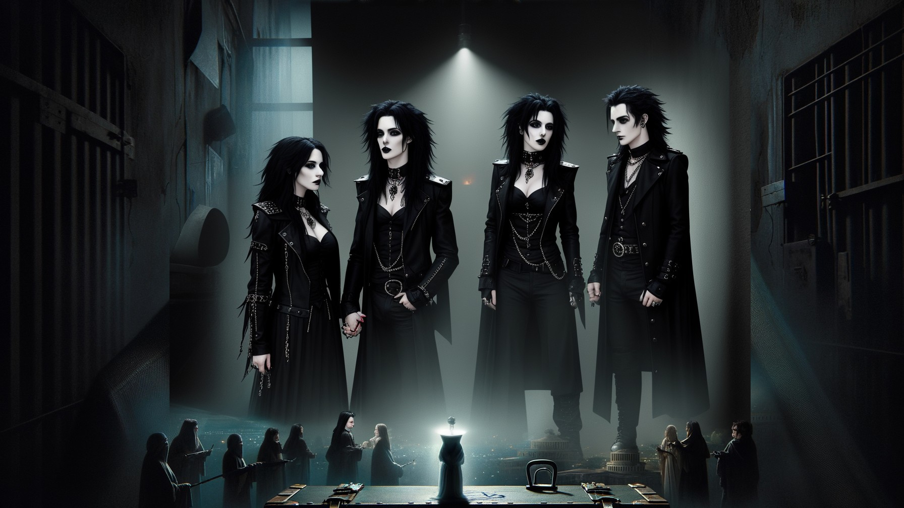 Gothic Figures in a Mysterious, Dimly Lit Setting