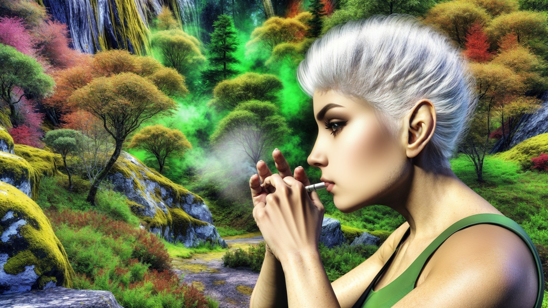 Young woman with silver hair in vibrant landscape