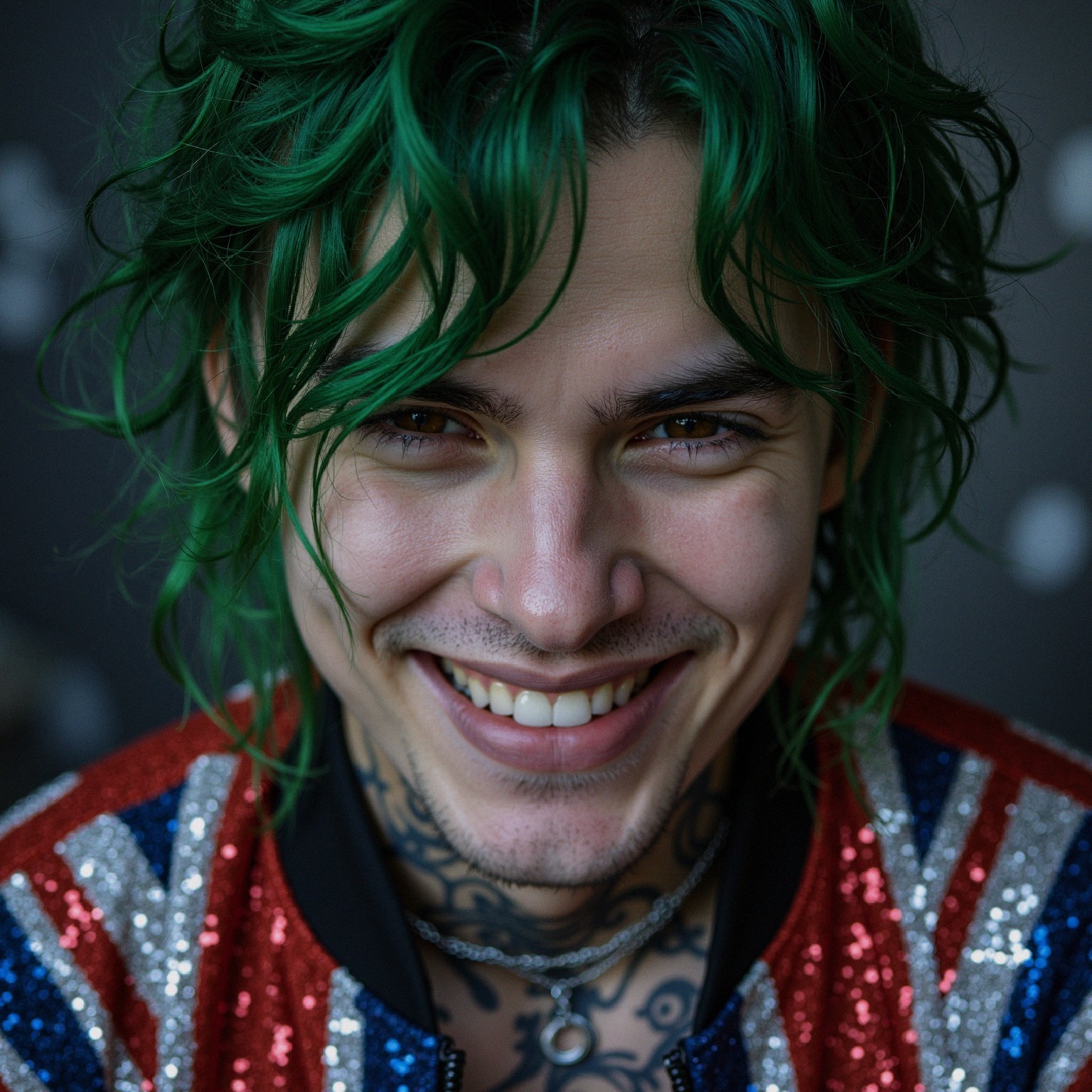 Young man with green hair in sequined Union Jack jacket