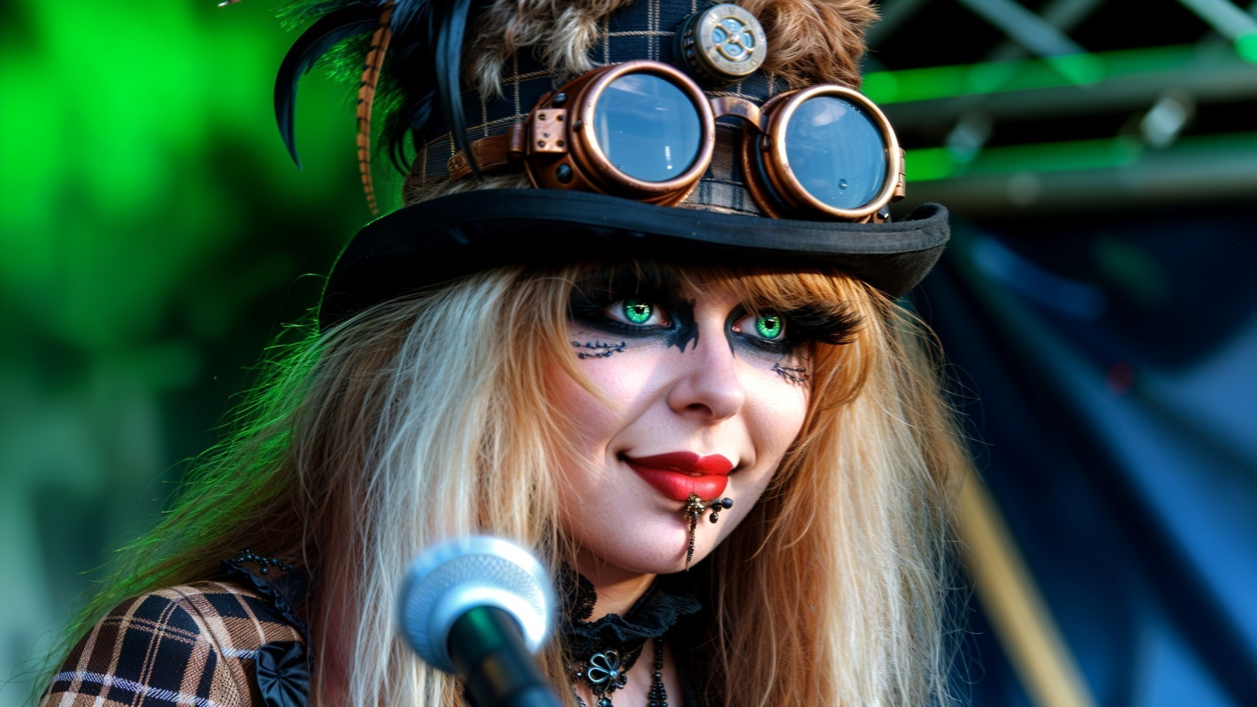 Steampunk Performer with Green Eyes and Dramatic Makeup