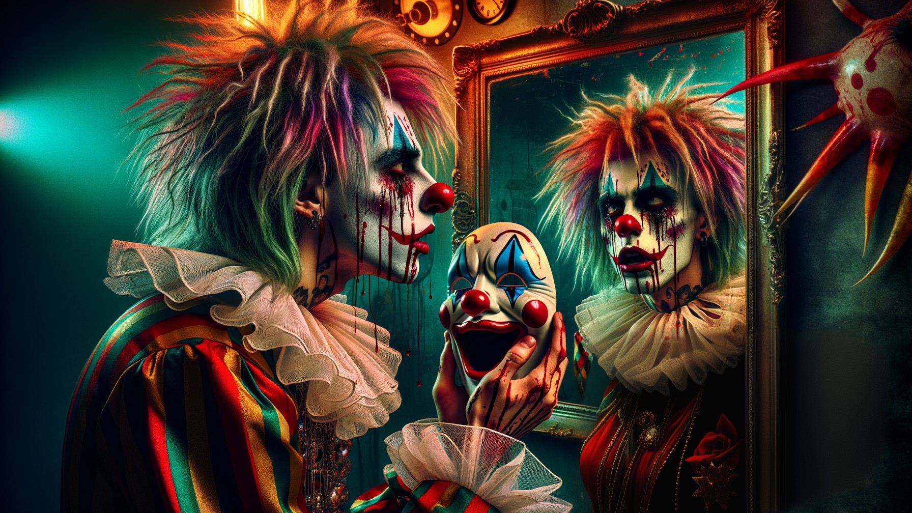 Clown with Colorful Hair and Haunting Reflection