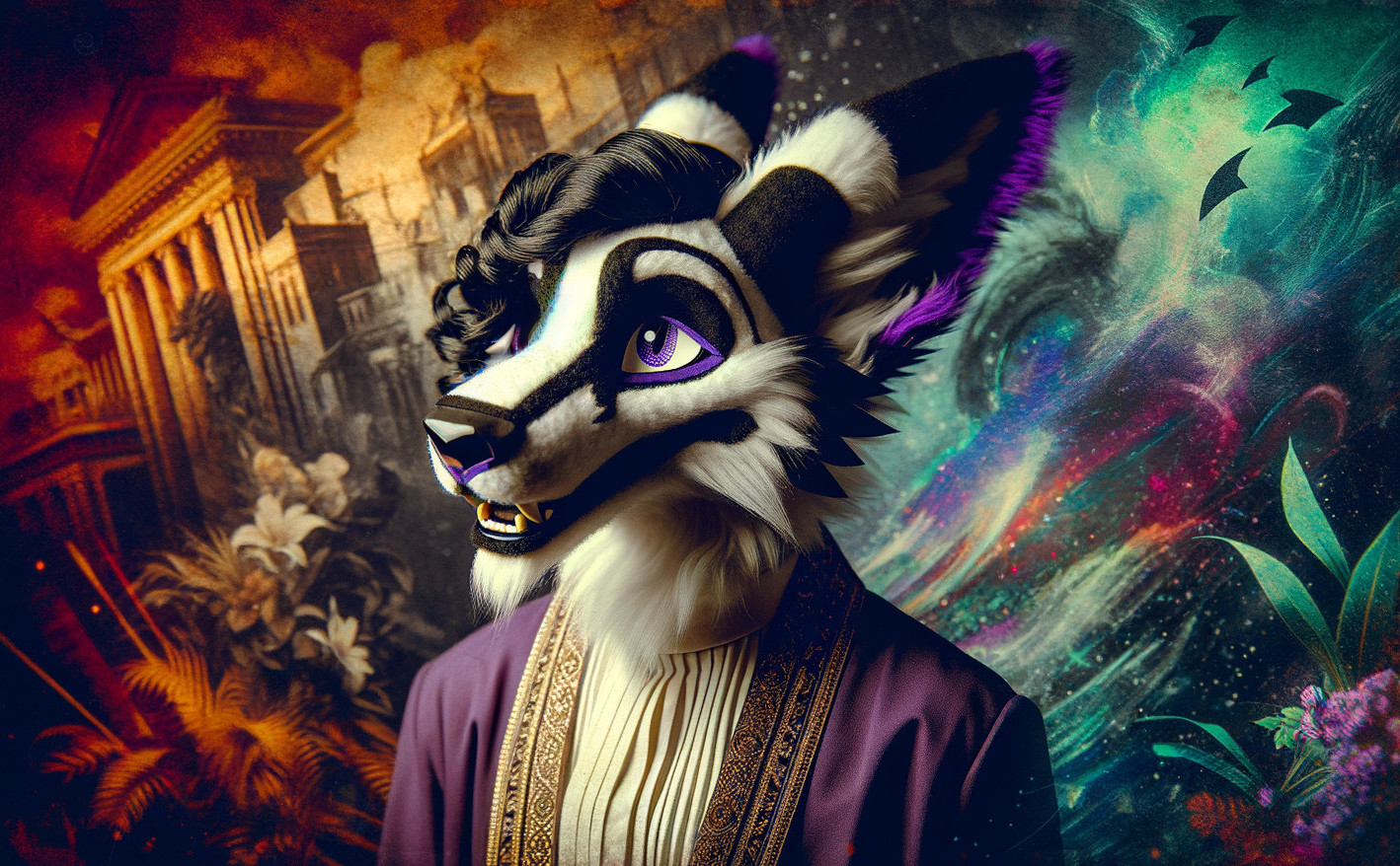 Anthropomorphic fox character in cosmic landscape